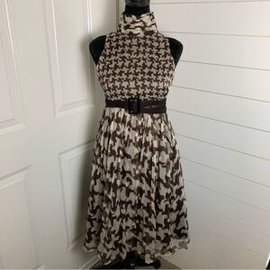 ZARA Brown Houndstooth Silk Chiffon Roll Neck Belt Sleeveless Cocktail Dress, S